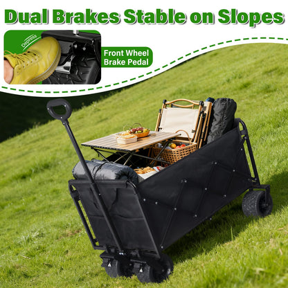 Folding Wagon Cart with All-Terrain Wheels – Heavy Duty Collapsible Utility Wagon for Grocery, Sports, Garden, Camping, Shopping (Black 600LBS)