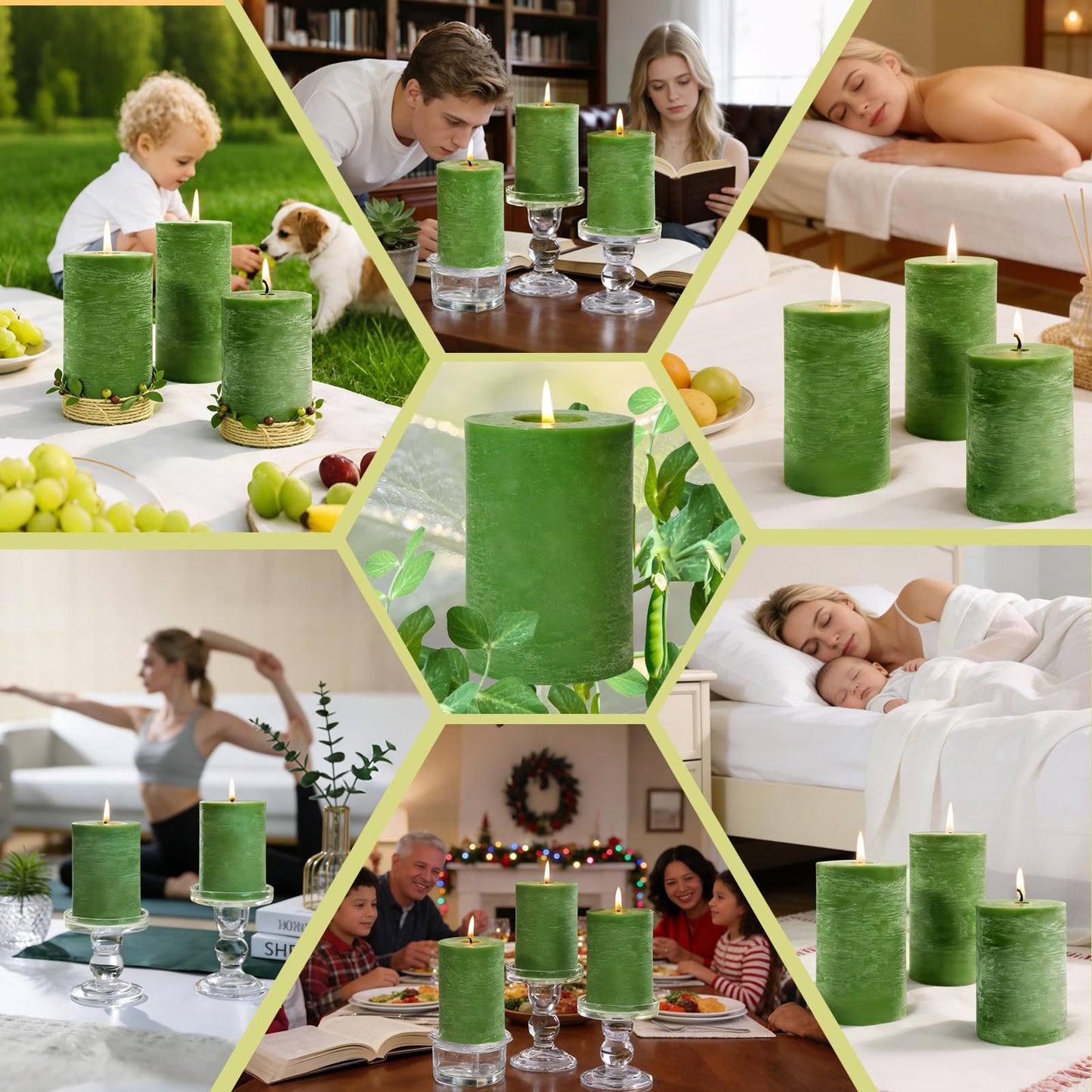 6 Pack Moss Green Soy Pillar Candles, 2.8x4in - 330H Total Burn Time - Rustic Textured Natural Wax - Non-Toxic, Dripless & Smokeless Hand-Poured Candles for Spring Home Decor, Dinner Table, Wedding