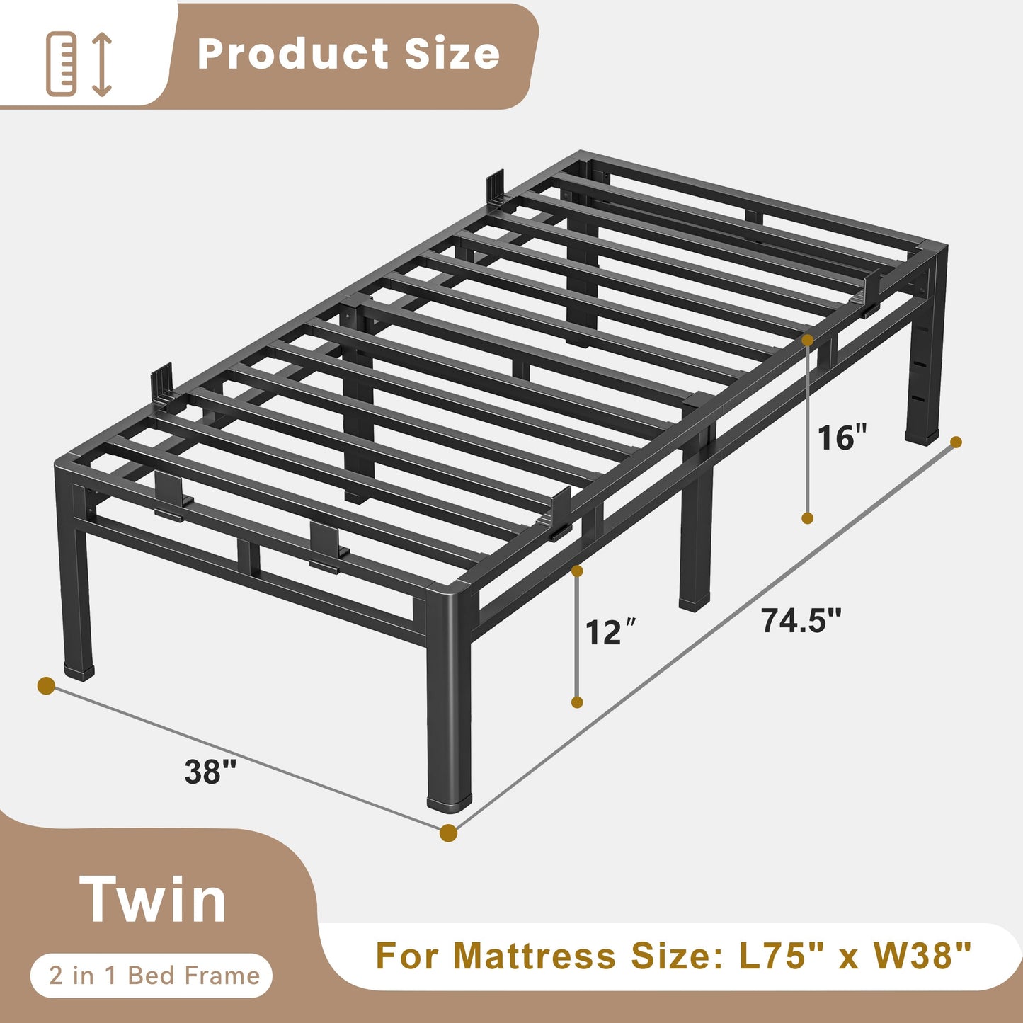 ROIL 16 Inch Twin Size Bed Frame, Double Layer Metal Bed Frame with Round Corner Legs, 4000LBS Bed Frame & Box Spring 2 in 1 Platform with Headboard Holes Mattress Baffles, Noise-Free Easy Assembly