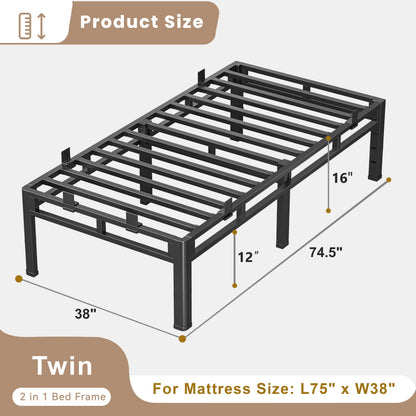ROIL 16 Inch Twin Size Bed Frame, Double Layer Metal Bed Frame with Round Corner Legs, 4000LBS Bed Frame & Box Spring 2 in 1 Platform with Headboard Holes Mattress Baffles, Noise-Free Easy Assembly