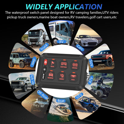 Chelhead 6 Gang Bluetooth Switch Panel Boat Switch Panel with Circuit Breaker IP 65 Waterproof Constant Momentary Flash Strobe Compatible with RV Truck UTV SUV ATV Bus Boat Jeep
