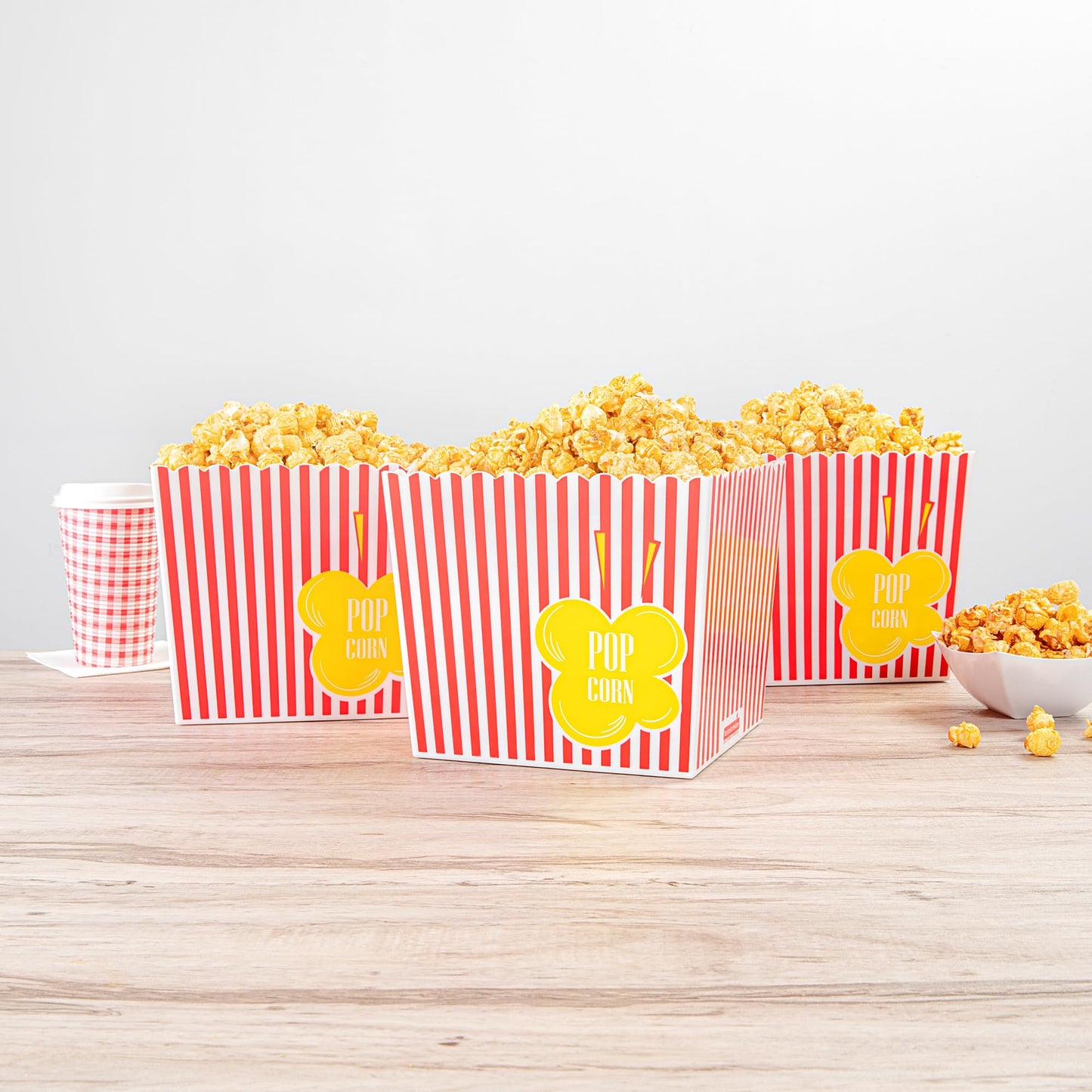 Restaurantware Popcorn Buckets 10 Count 165 Ounce Plastic Reusable Popcorn Containers Red And White Striped Snack Tubs Pink Durable Design For Movie Nights