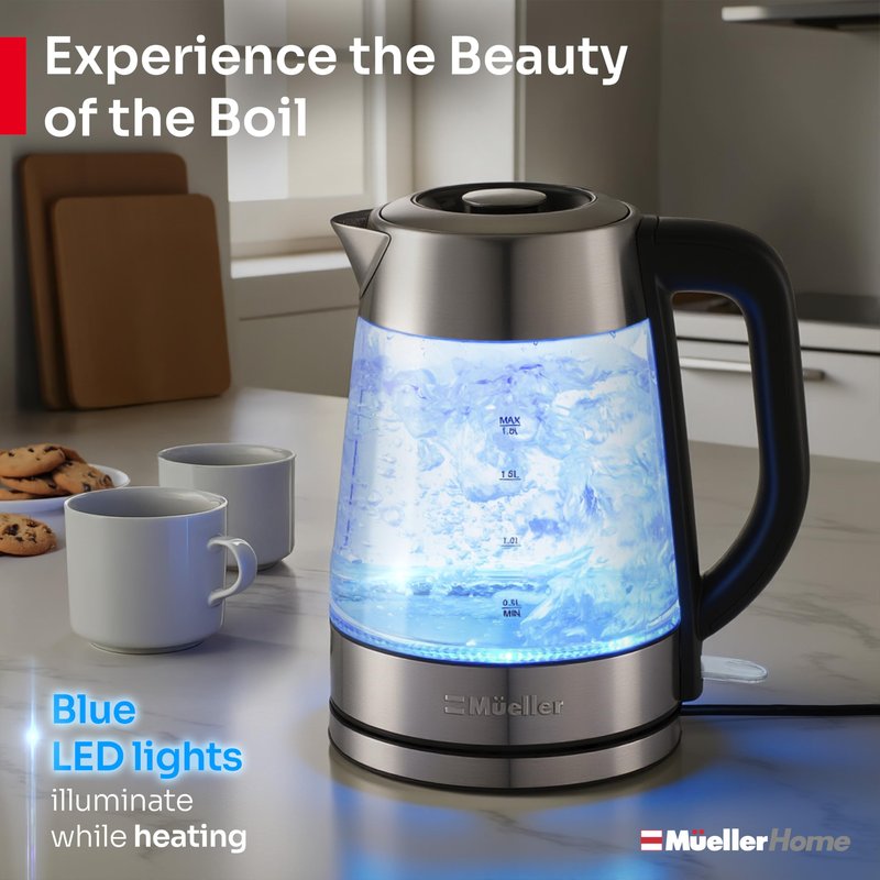 MUELLER HOME Rapid Boil Electric Tea Kettle 1.8L – Borosilicate Glass & Stainless Steel – BPA-Free Hot Water Boiler, LED Light, Auto Shut-Off, Boil Dry Protection Fast Water Heater, Kitchen Appliances
