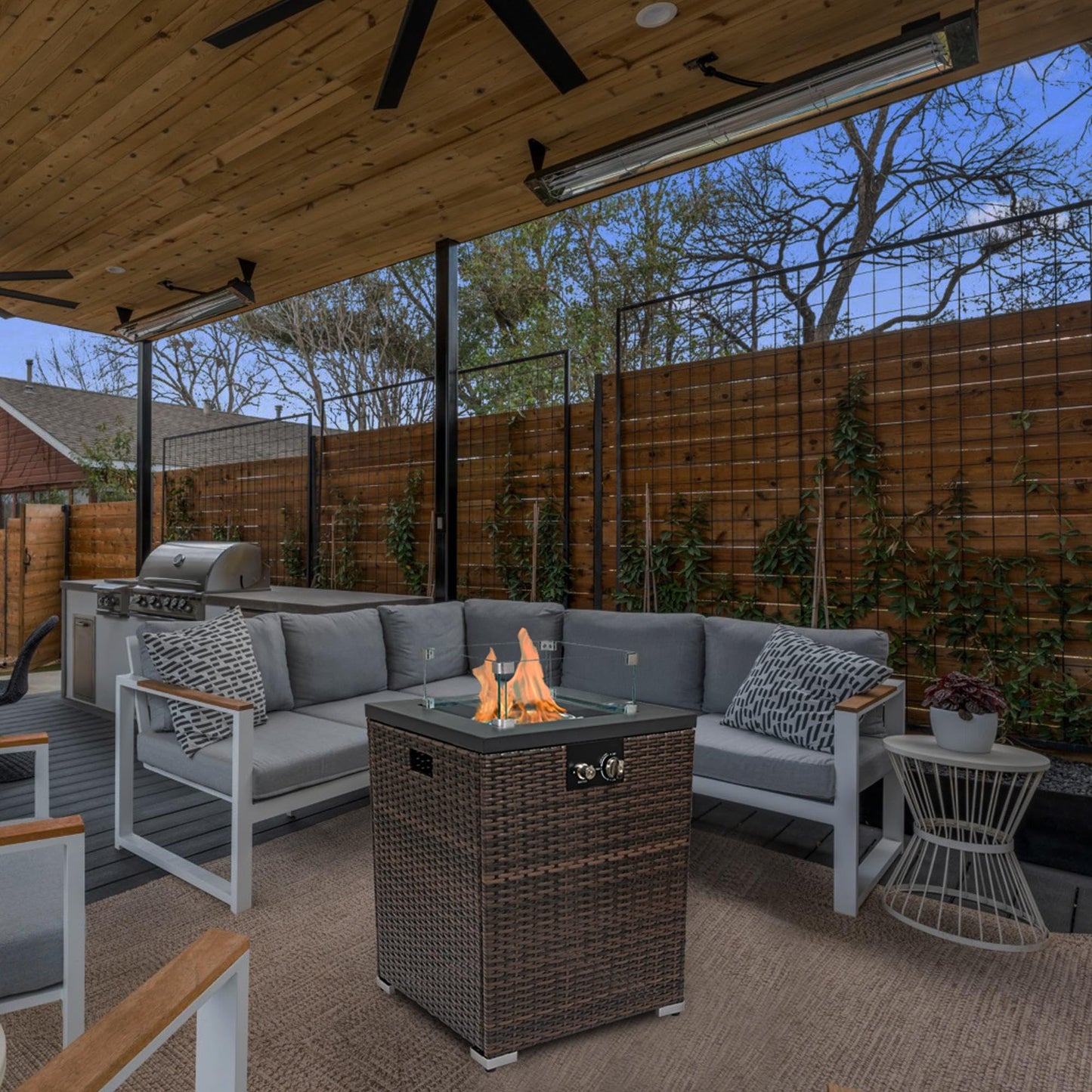 GDFStudio 22" Outdoor Propane Gas Fire Pit Table, 40,000 BTU Square Patio Heater with Wicker Base, Glass Wind Guard & Rain Cover, Small Outdoor Firepit for Garden Deck Backyard, Dark Brown