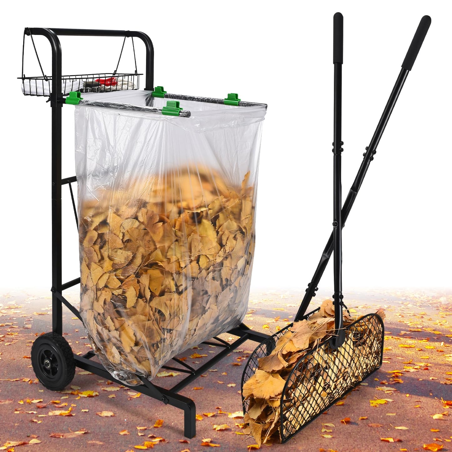 CAROD Mobile Trash Bag Holder with Storage Basket and Ergonomic Handle, Convenient Leaf Bag Cart with Leaves Grabber Rake Combo, Suitable for Leaves, Weeding, Camping, Party
