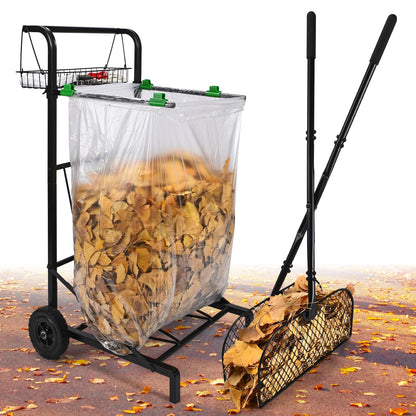 CAROD Mobile Trash Bag Holder with Storage Basket and Ergonomic Handle, Convenient Leaf Bag Cart with Leaves Grabber Rake Combo, Suitable for Leaves, Weeding, Camping, Party