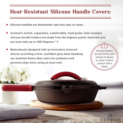Cuisinel Cast Iron Skillets Set with Lids - 8"+10"+12"-inch Pre-Seasoned Covered Frying Pan Set + Silicone Handle and Lid Holders + Scraper/Cleaner - Indoor/Outdoor, Oven, Stovetop, Fire Safe Cookware