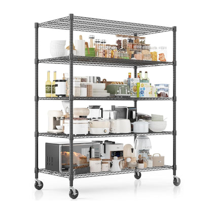 Xcity Storage Shelves, 5 Tier Heavy Duty Metal Shelving Unit with Wheels, 3000 LBS Adjustable Steel Wire Shelf for Commercial, Pantry, Kitchen, Garage, 24" D x 55" W x 72" H, Black