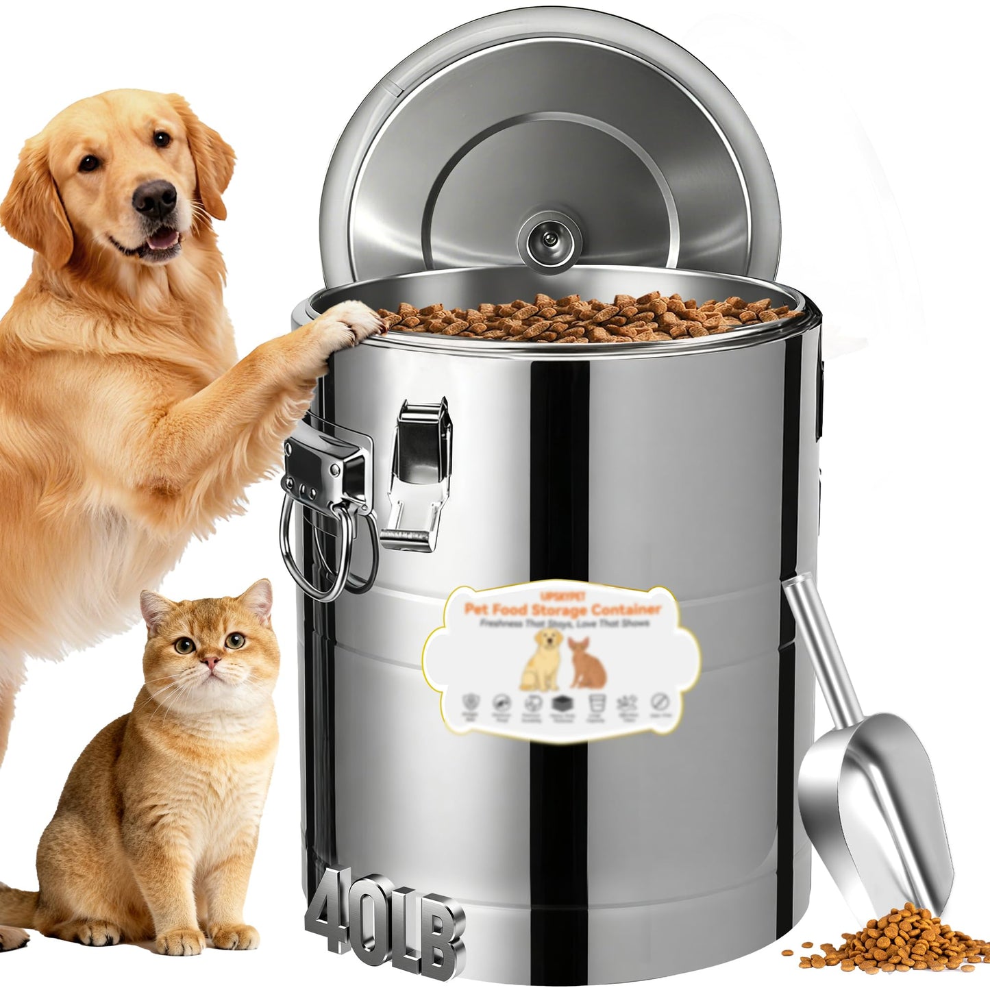 UPSKYPET 40lb Stainless Steel Dog Food Storage Container, Large Capacity Metal Pet Food Storage Container with Scoop, Airtight Dog & Cat Food Treat Bin for Dry Food Keep Fresh for Multi-Pet Households