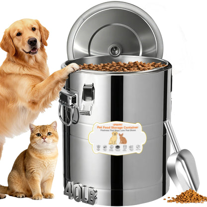 UPSKYPET 40lb Stainless Steel Dog Food Storage Container, Large Capacity Metal Pet Food Storage Container with Scoop, Airtight Dog & Cat Food Treat Bin for Dry Food Keep Fresh for Multi-Pet Households