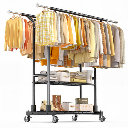 Luxspire Heavy Duty Clothes Rack Load 650 LBS, Double Rod Clothing Racks for Hanging Clothes, Rolling Garment Racks with Lockable Wheels, Shelves, Adjustable Laundry Hanging Rack, Black