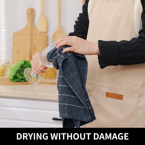 Homaxy 100% Cotton Terry Kitchen Towels(Dark Grey, 13 x 28 inches), Checkered Designed, Soft and Super Absorbent Dish Towels, 24 Pack