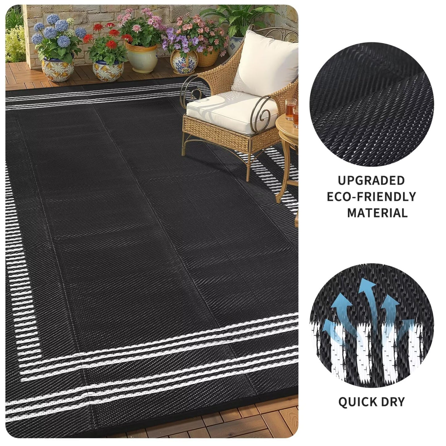 Garvee Waterproof Outdoor Rug 9x18, Scalloped Geometric Foldable Plastic Straw Patio Camping Rug, Outdoor RV Carpet for Deck Camper Porch Balcony Backyard Picnic Beach Black and White