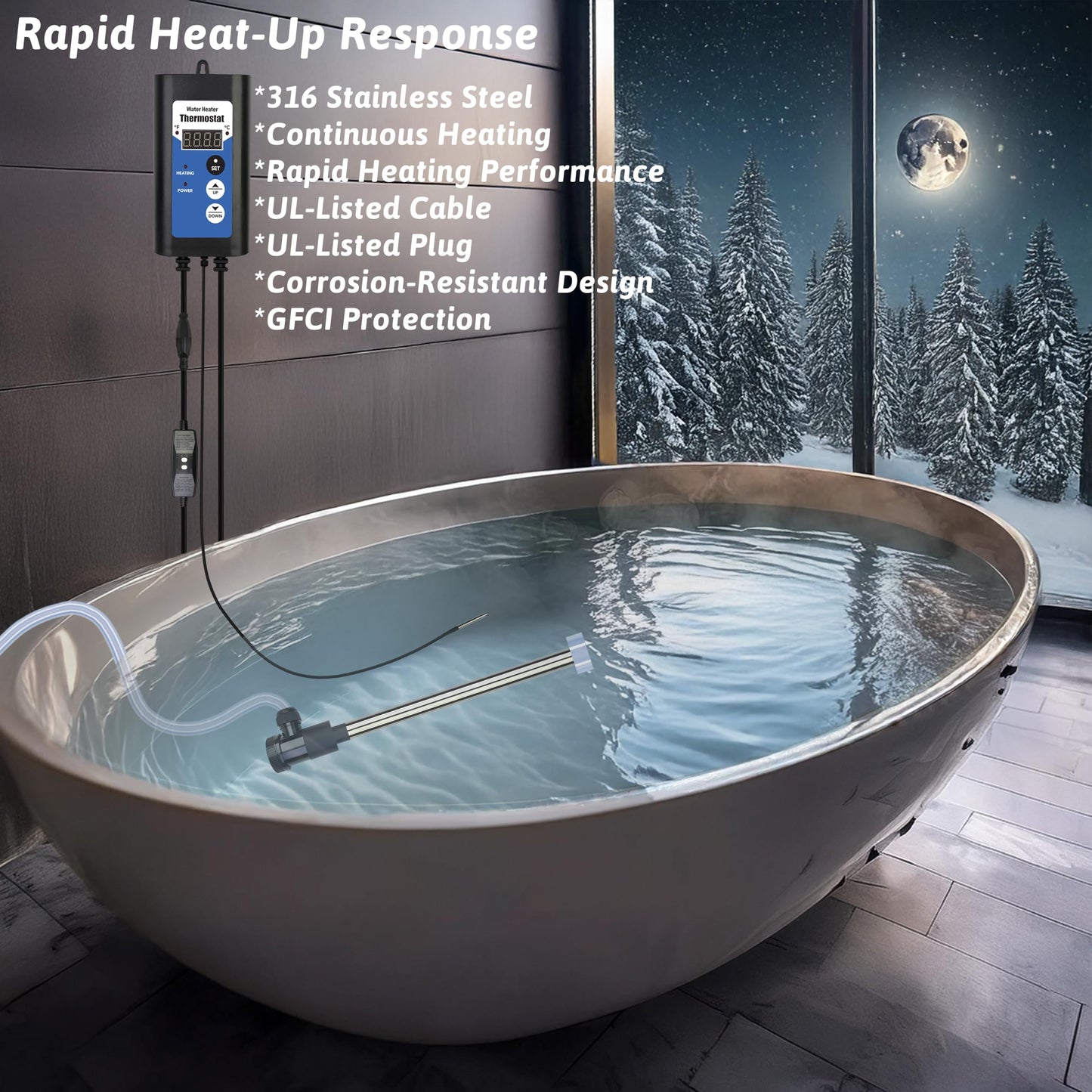 XCLBTFDC 1500W Submersible Water Heater Portable Electric Pool and Hot Tub Immersion Water Heater with Temp Control, WiFi Timer for Bathtub, Spa, Swimming pool, above ground pool and Inflatable Pool