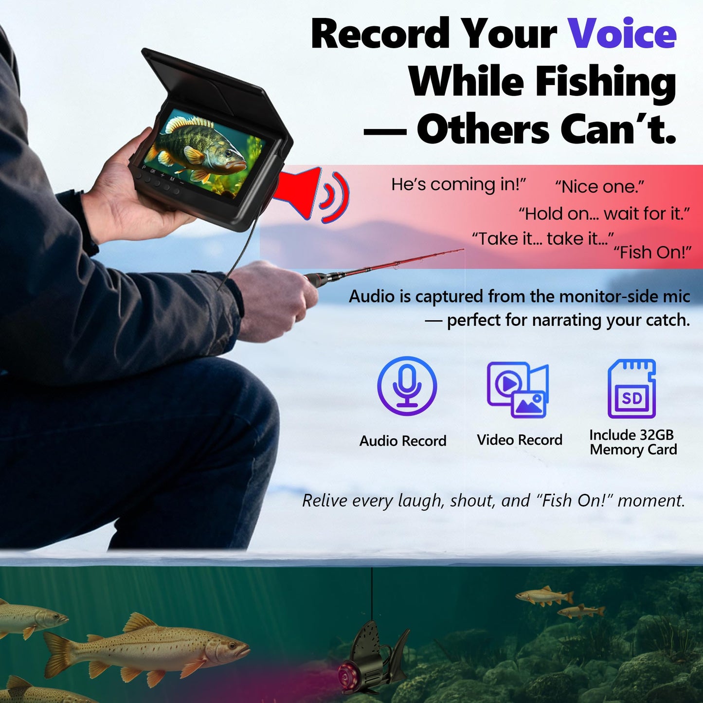 2026 𝐍𝐄𝐖 [Audio+Video Record] HD1080P Ice Fishing Camera w/DVR 32GB, 10000mAh, 5'' OLED, Ice Fishing Camera Underwater Portable Fish Finder Fishing Gift for Men, IR, Boat and Ice Fishing, 65FT