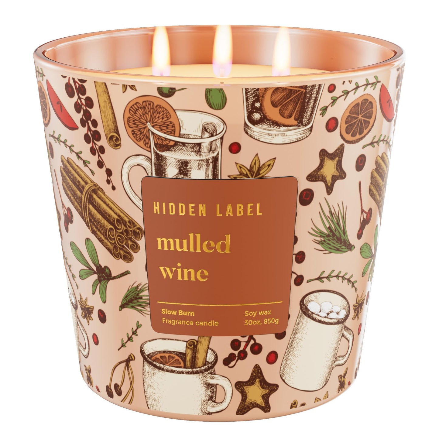 Hidden Label Mulled Wine Scented Candle for Home, 30oz Large 3 Wick Soy Candle, 100H Long Lasting, Cinnamon Orange Clove, Non-Toxic Clean Burn, Christmas Winter Gifts for Women, Holiday Gift