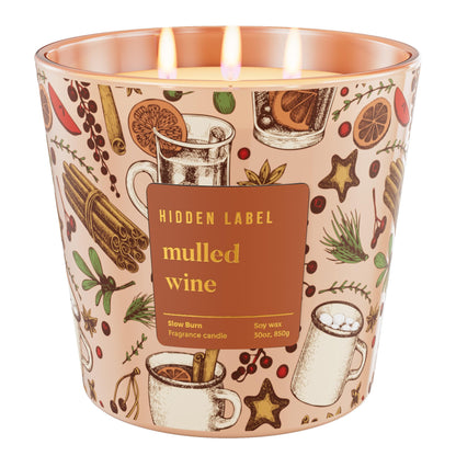 Hidden Label Mulled Wine Scented Candle for Home, 30oz Large 3 Wick Soy Candle, 100H Long Lasting, Cinnamon Orange Clove, Non-Toxic Clean Burn, Christmas Winter Gifts for Women, Holiday Gift