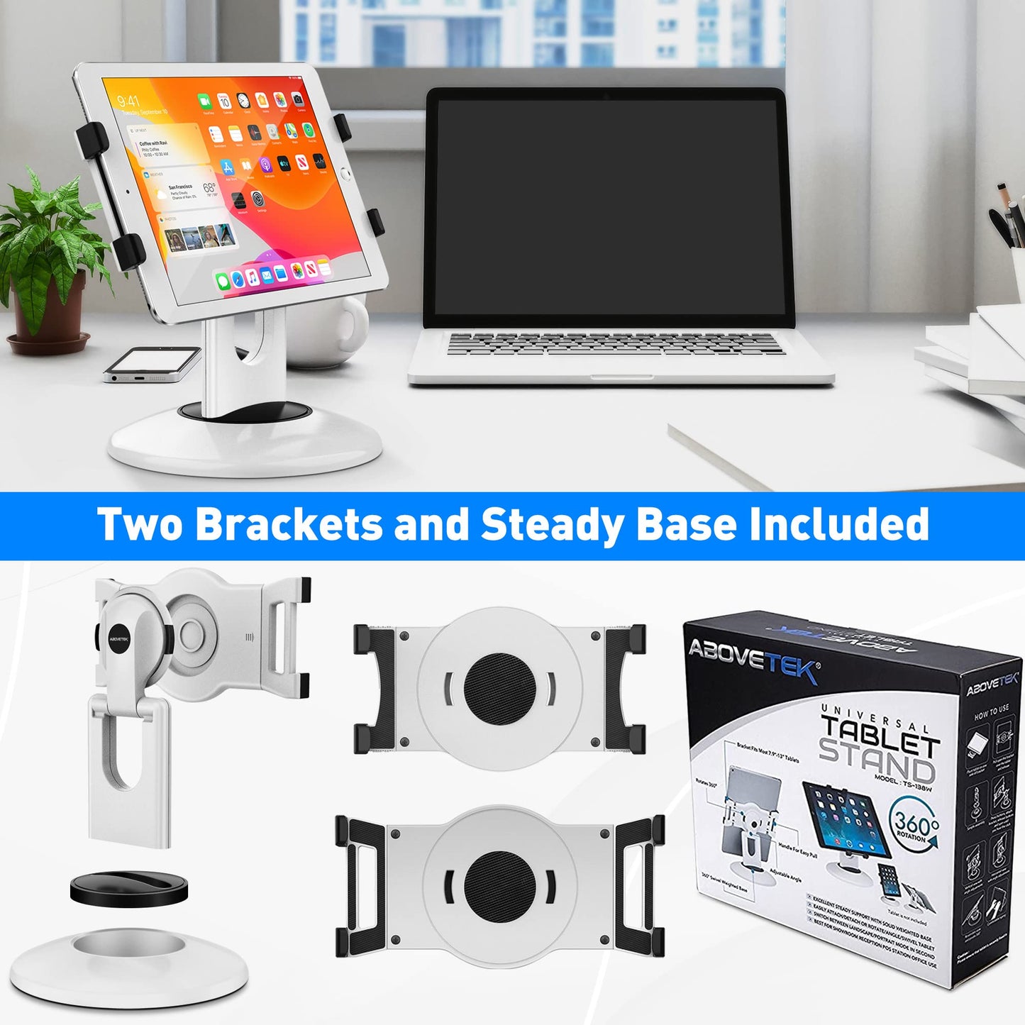 AboveTEK Retail Kiosk iPad Stand, 360° Rotating Commercial POS Tablet Stand, Fits 6"-13" (Screens) iPad mini Pro-Business Swivel Tablet Holder, for Store Office Reception Kitchen Desktop (White)