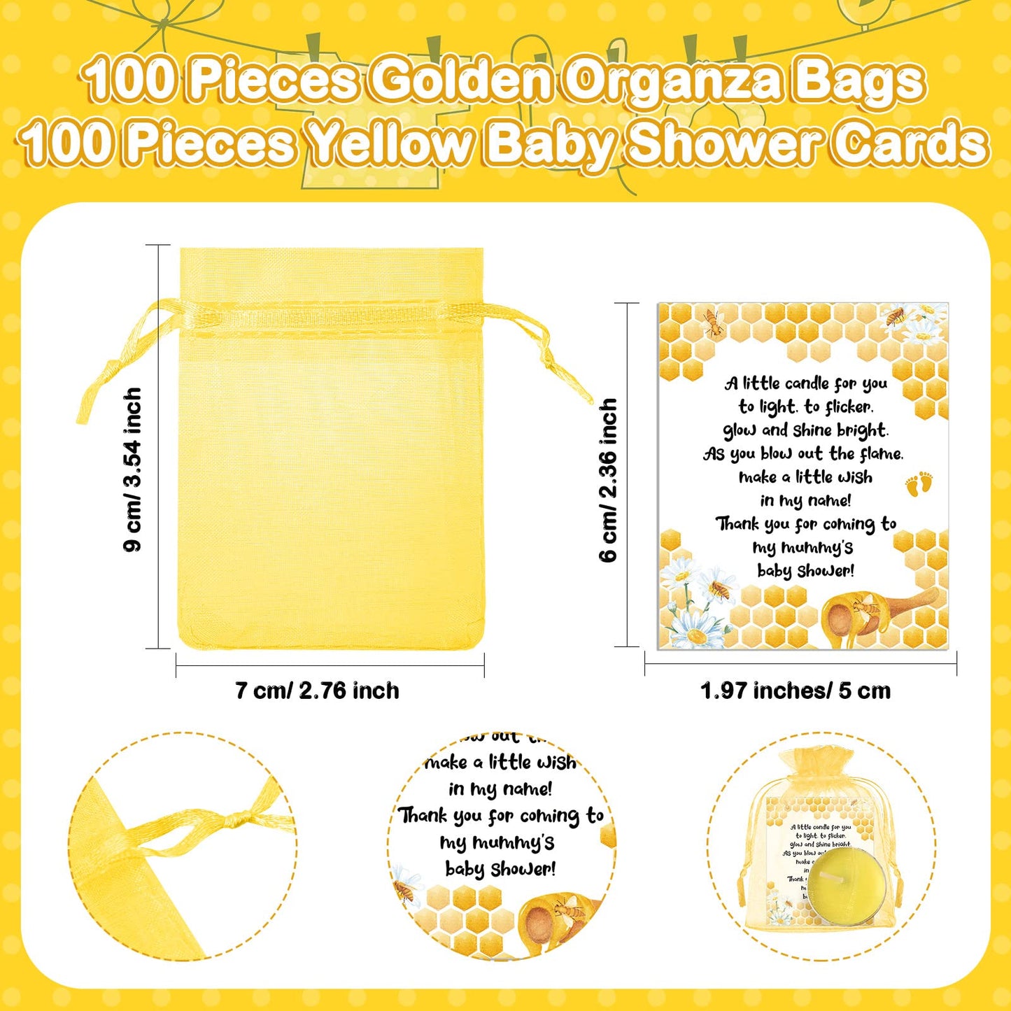 Amyhill Beeswax Tea Light Candle Set - 100 Pieces Unscented Baby Shower Party Favor with Cute Bee Theme - Includes Cards & Organza Bags