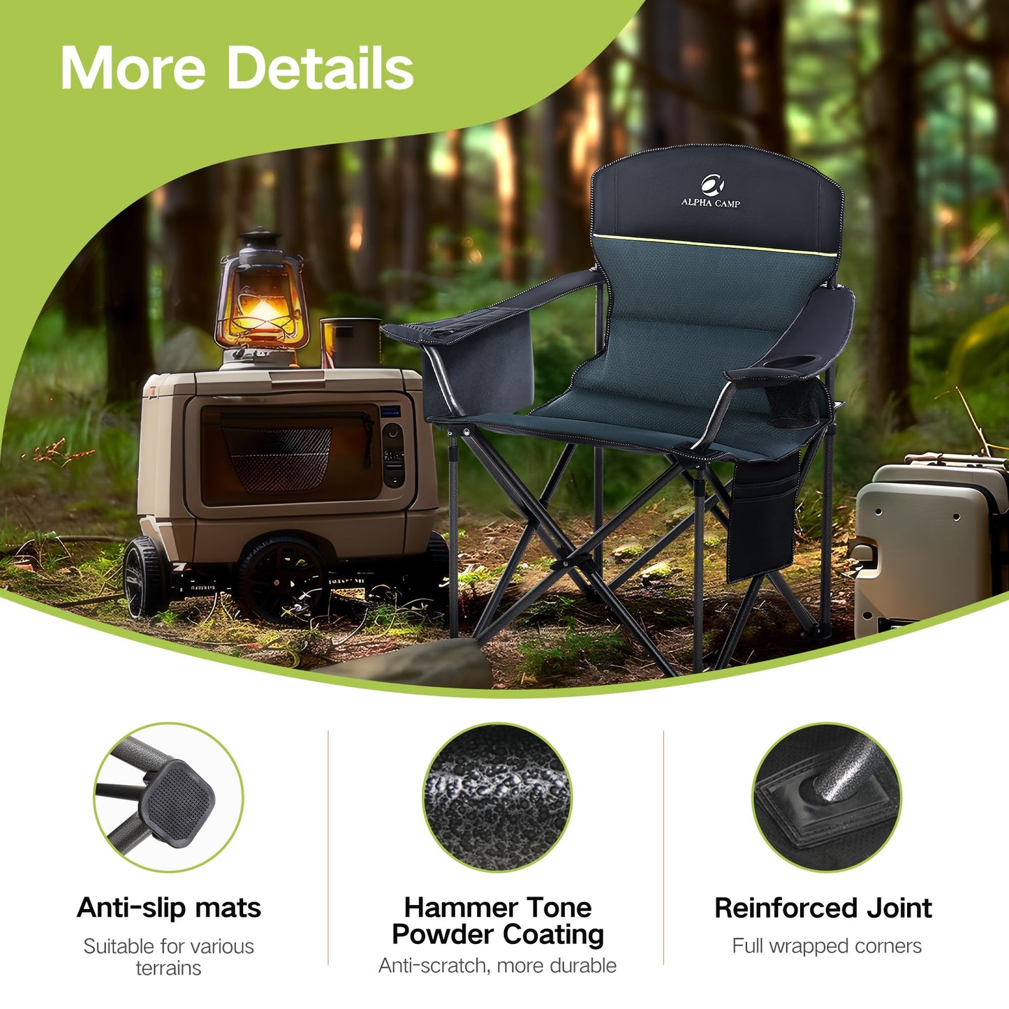 2 Pack Oversized Folding Camping Chairs High Back Heavy Duty Padded Lawn Chair for Adults Support up to 450lbs with Cup Holder, Side Pocket Cooler Bag, Green