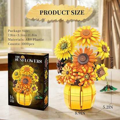 Van Gogh Sunflower Building Set Adjustable Flowers Bouquet for Adults Teens 1009PCS Botanical Collection Compatible with Lego Home Decor Gift for Any Occasion