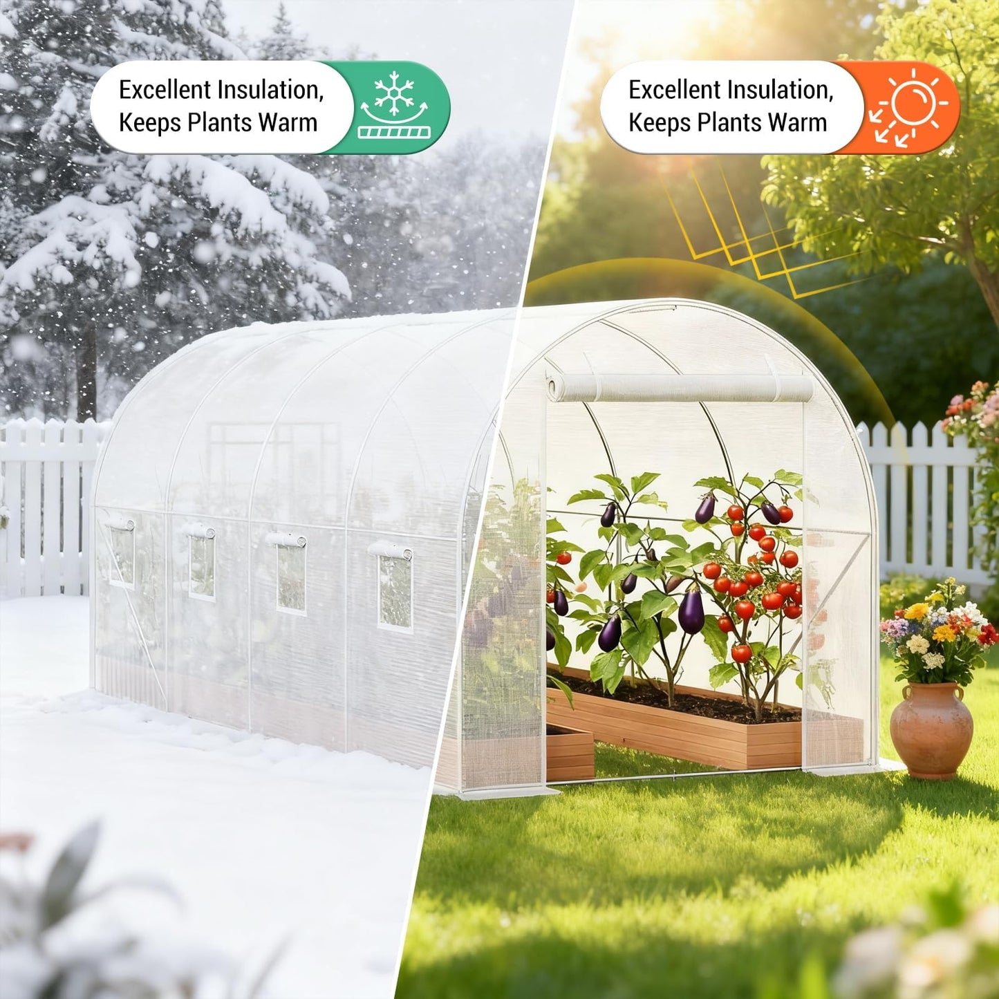 Large Walk-in Tunnel Greenhouse, 15x7x7 ft Heavy Duty Hoop House with 8 Screen Windows & Galvanized Steel Frame, Portable Outdoor Greenhouses for All Seasons White