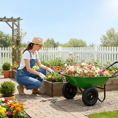 ERGOMASTER Dual-Wheel Wheelbarrow, Home Utility Garden Cart, Large Heavy Duty Yard Cart for Gardening (Bright Green)
