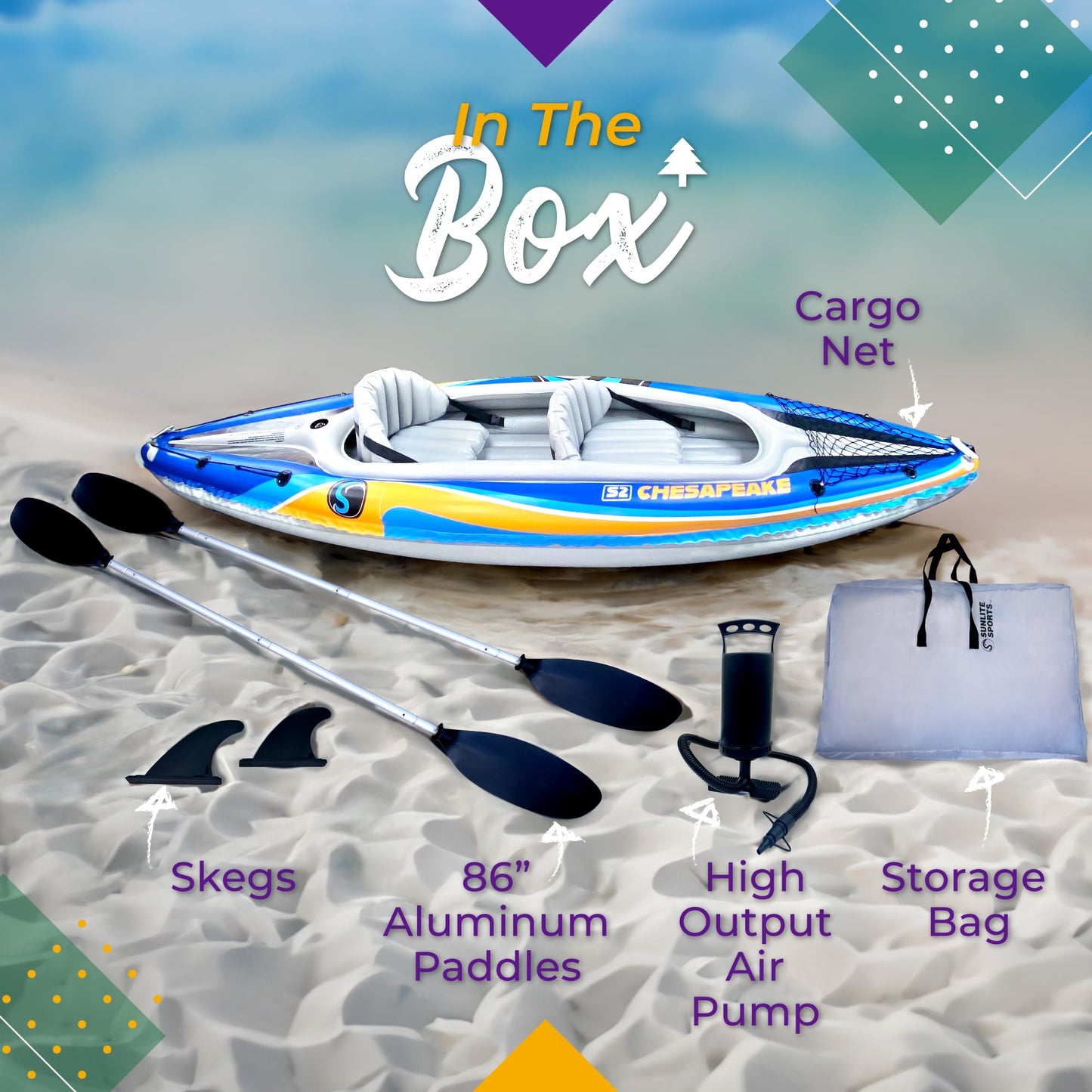 Sunlite Sports Inflatable Kayak 2 Person, Portable Inflatable Boat with Aluminum Oars, Lightweight Easy Setup Tandem Kayak with High Output Air Pump & Carry Bag for Lakes & Rivers, 400 LB