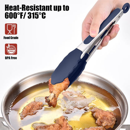 Doosu Kitchen Tongs for Cooking - 600°F Heat Resistant Food Tong with Non-Scratch Silicone Tips, Heavy Duty Stainless Steel Locking Tong for BBQ, Grilling Steak, Serving Salad Pasta (9in, Navy Blue)