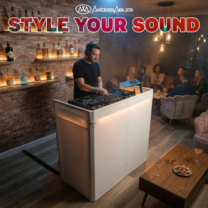 AxcessAbles Portable White DJ Facade Booth with Carry Case – 40" x 20" Tabletop, Steel Frame, and White Scrim | White DJ Table | Event Booth (ES-01X)