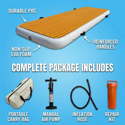 FluxionX Inflatable Dock Platform, 9'10" x 3'3" x 6" PVC Floating Water Platform with Non-Slip EVA Surface for Boats, Yachts, Jet Skis & Lake Leisure, Pump, Carry Bag & Repair Kit