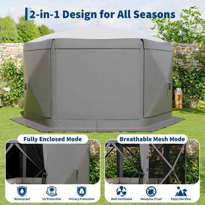 13x13FT 6-Sided Gazebo Tent, One-Push Setup Canopy with Mesh Panels & Removable Wind Cloths, Outdoor Shelter for Backyard Parties Camping Events, Grey