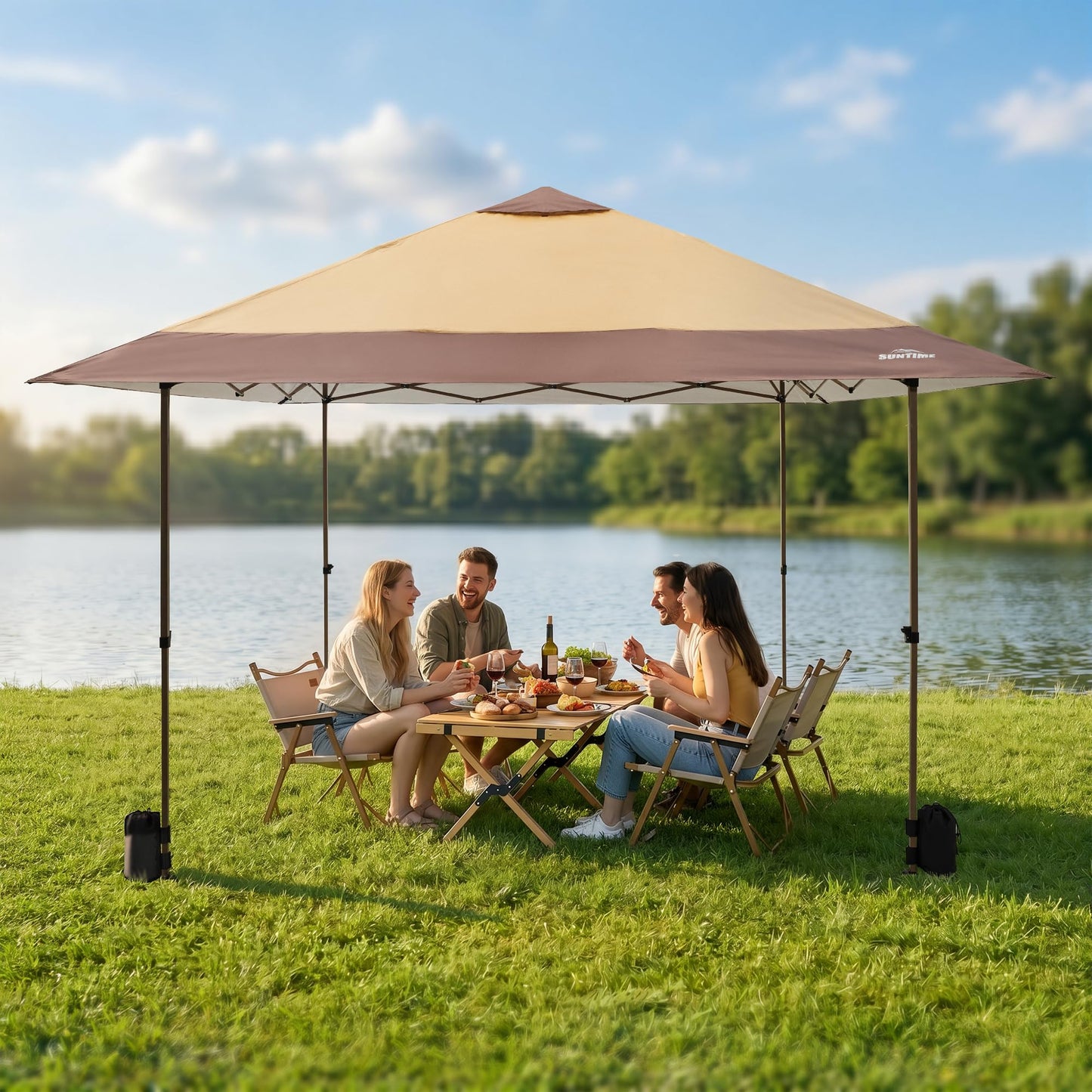 OUTDOOR LIVING SUNTIME 13x13 Instant Easy Pop Up Canopy,Portable Commercial Gazebo Camping Gazebo Tent Shelter with Wheeled Roller Carry Bag, Bonus Weight Sandbags, Stakes, Ropes -Khaki