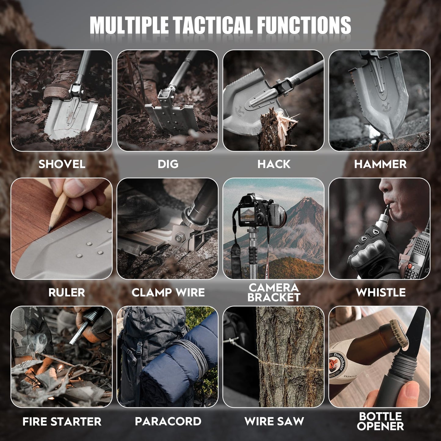 Zune Lotoo Tactical Shovel Survival Kit, 18 in 1 Compact Camping Shovel Folding Multitool High-Carbon Steel for Lightweight Hiking Survivalist Emergency with Bag