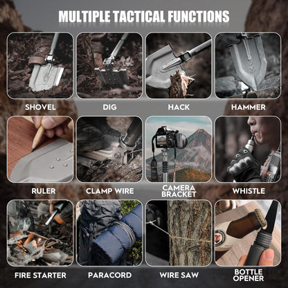 Zune Lotoo Tactical Shovel Survival Kit, 18 in 1 Compact Camping Shovel Folding Multitool High-Carbon Steel for Lightweight Hiking Survivalist Emergency with Bag