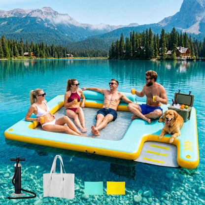 Inflatable Floating Dock for Dogs & Family Water Fun, 8FT/10FT Large Floating Island with Water Hammock and Easy-Access Dog Ramp, Portable Swim Platform for Lakes, Boats, Beaches and Pools