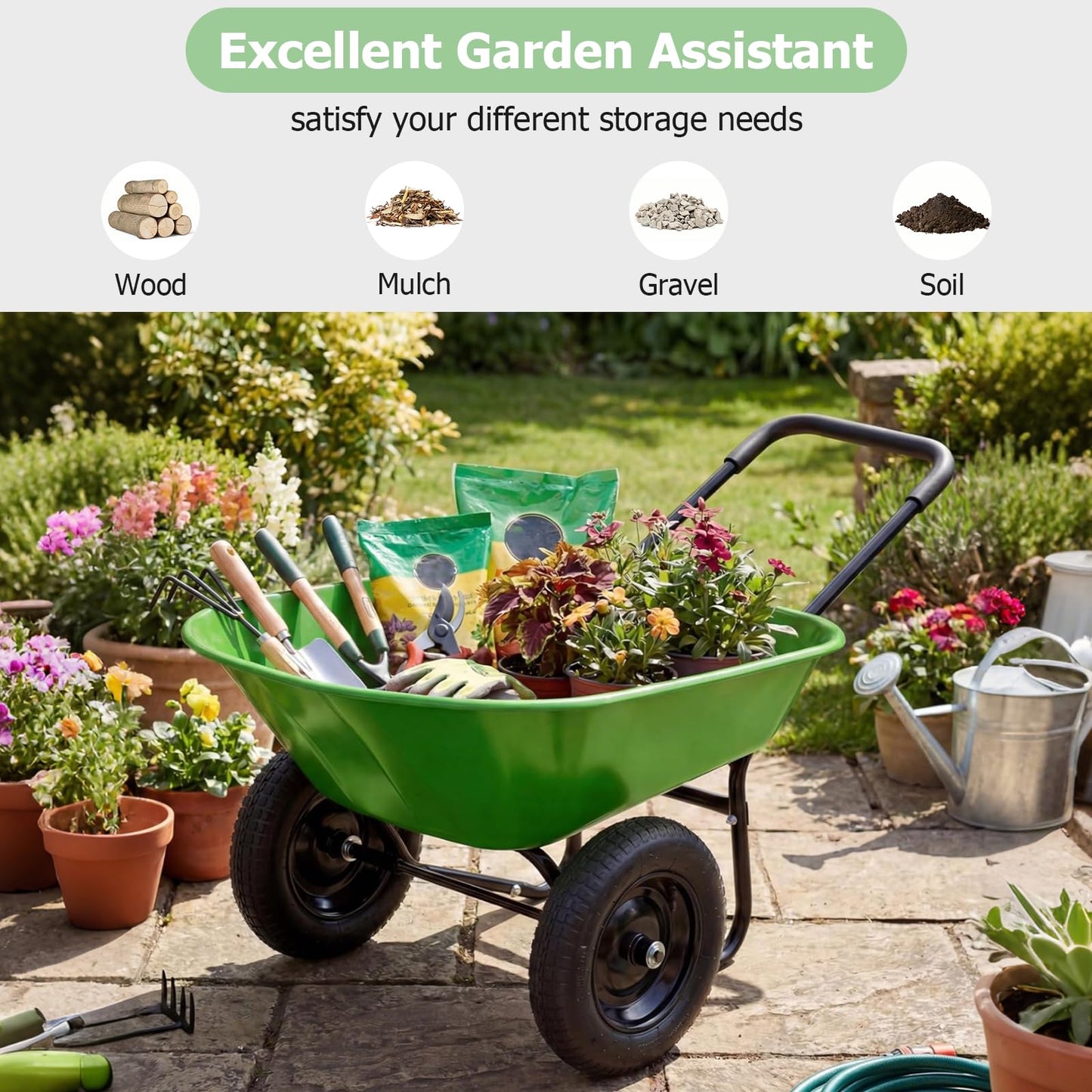 ERGOMASTER Dual-Wheel Wheelbarrow, Home Utility Garden Cart, Large Heavy Duty Yard Cart for Gardening (Bright Green)