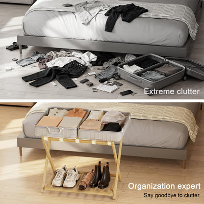 SANLUCE Fully Assembled Luggage Rack Set of 2 for Guest Room, Bamboo Suitcase Stand with Foldable Storage Shelf, Crossed Nylon Straps Folding Luggage Holder for Bedroom and Hotel, Natural