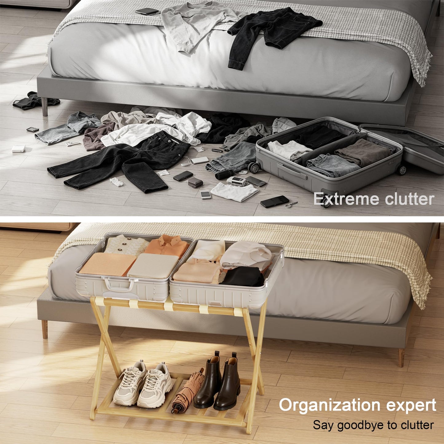 SANLUCE Fully Assembled Luggage Rack Set of 2 for Guest Room, Bamboo Suitcase Stand with Foldable Storage Shelf, Crossed Nylon Straps Folding Luggage Holder for Bedroom and Hotel, Natural