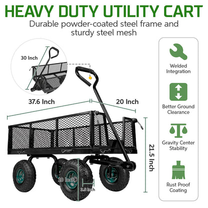 Taifa Heavy Duty Utility Steel Garden Cart 880 Lbs Capacity with Detachable Side Panels Convert to Flatbed for Yard Lawn and Farm, Metal Wagon with 180° Rotating Handle, Black