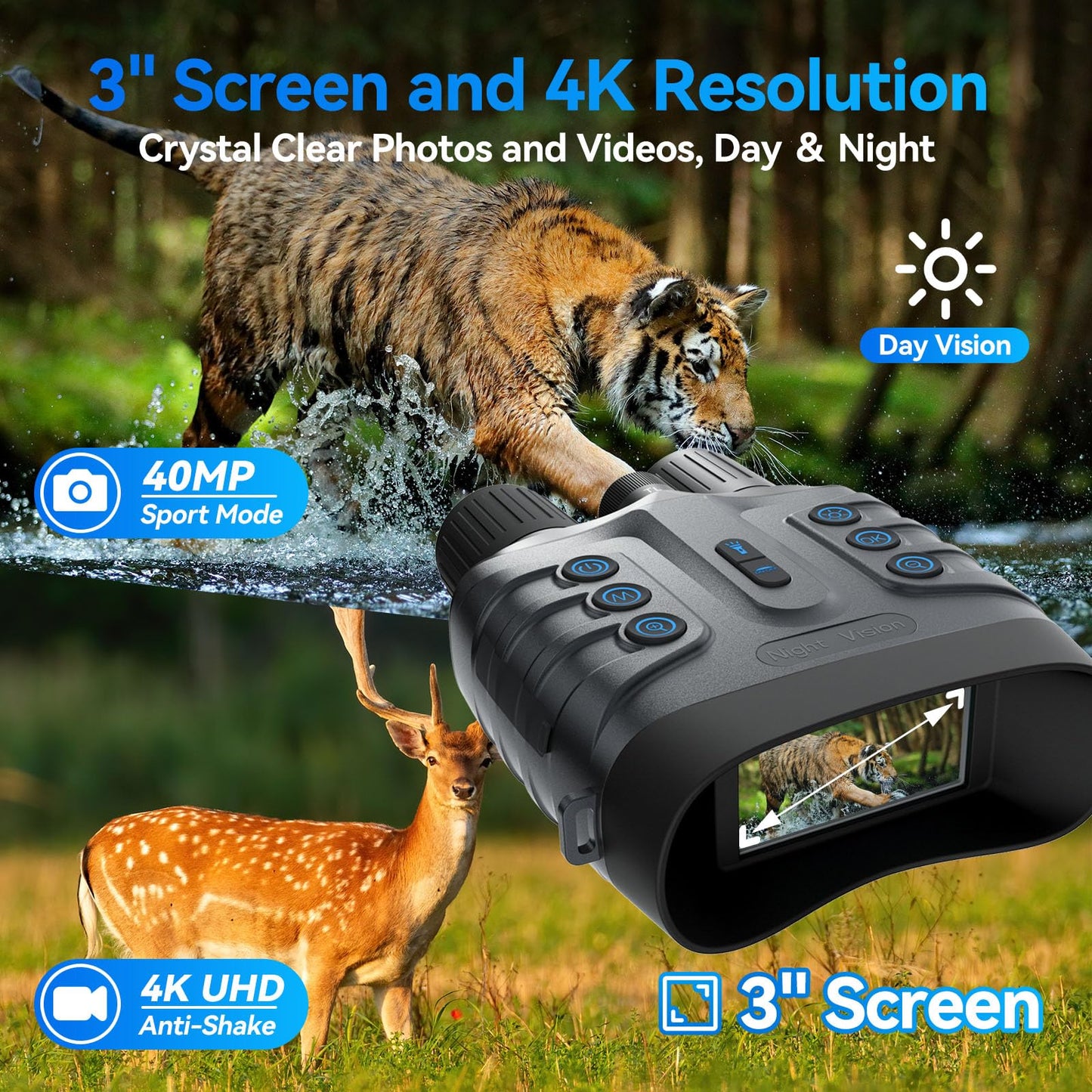 Night Vision Goggles,4K Full-Color Night Vision Binoculars for Adults with 3" HD Screen, 10000mAh Battery & 1968FT Night Vision Range,64GB Card,850nm Infrared,8X Zoom, Ideal for Camping & Hiking