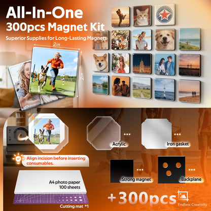 2x2 Inch Square Fridge Magnet Maker Machine Kit - [300Pcs Consumables +100 Sheets Photo Paper, Cutter & Cutting Board] | Photo Magnet Making kit, Custom Badges Complete DIY Kit