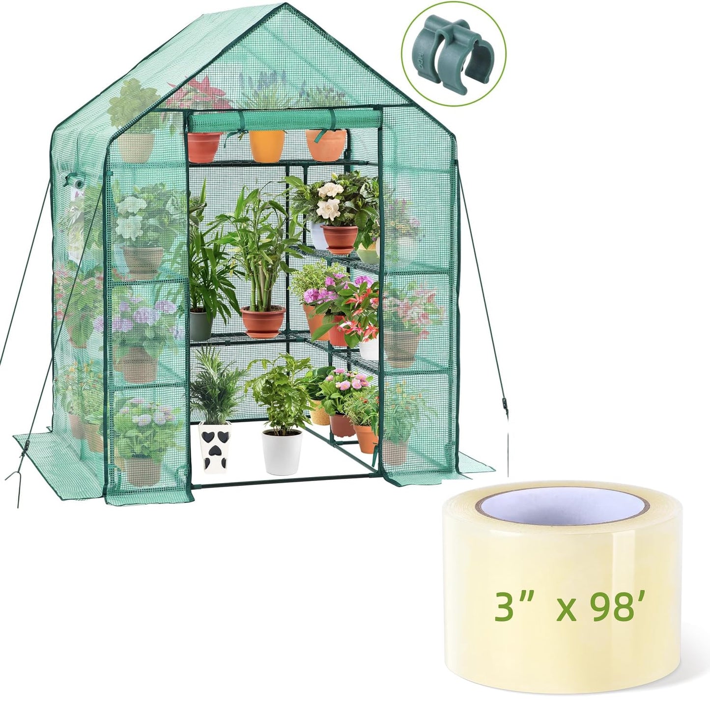 Ohuhu 4 Tiers 11 Shelves Greenhouses with 3" x 98' Repair Tape, Outdoor Walk-in Green House with Reinforced Clear Plastic Film Tape