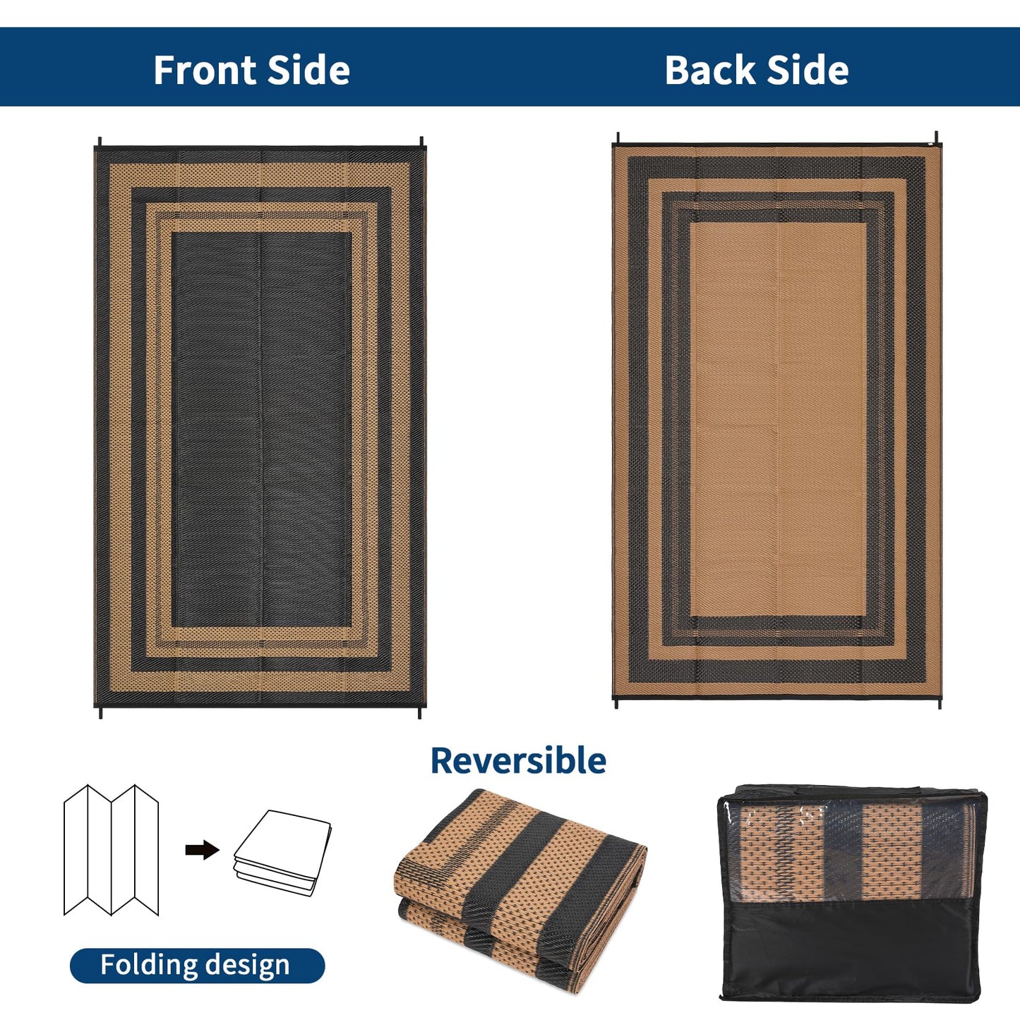 Garvee Outdoor Rug 9x18 Outdoor Patio Rug Reversible Plastic Straw Rugs Waterproof Foldable Mat Easy Clean Lightweight Carpet for Backyard Camping Porch RV Beach Balcony Deck Picnic Panel Brown