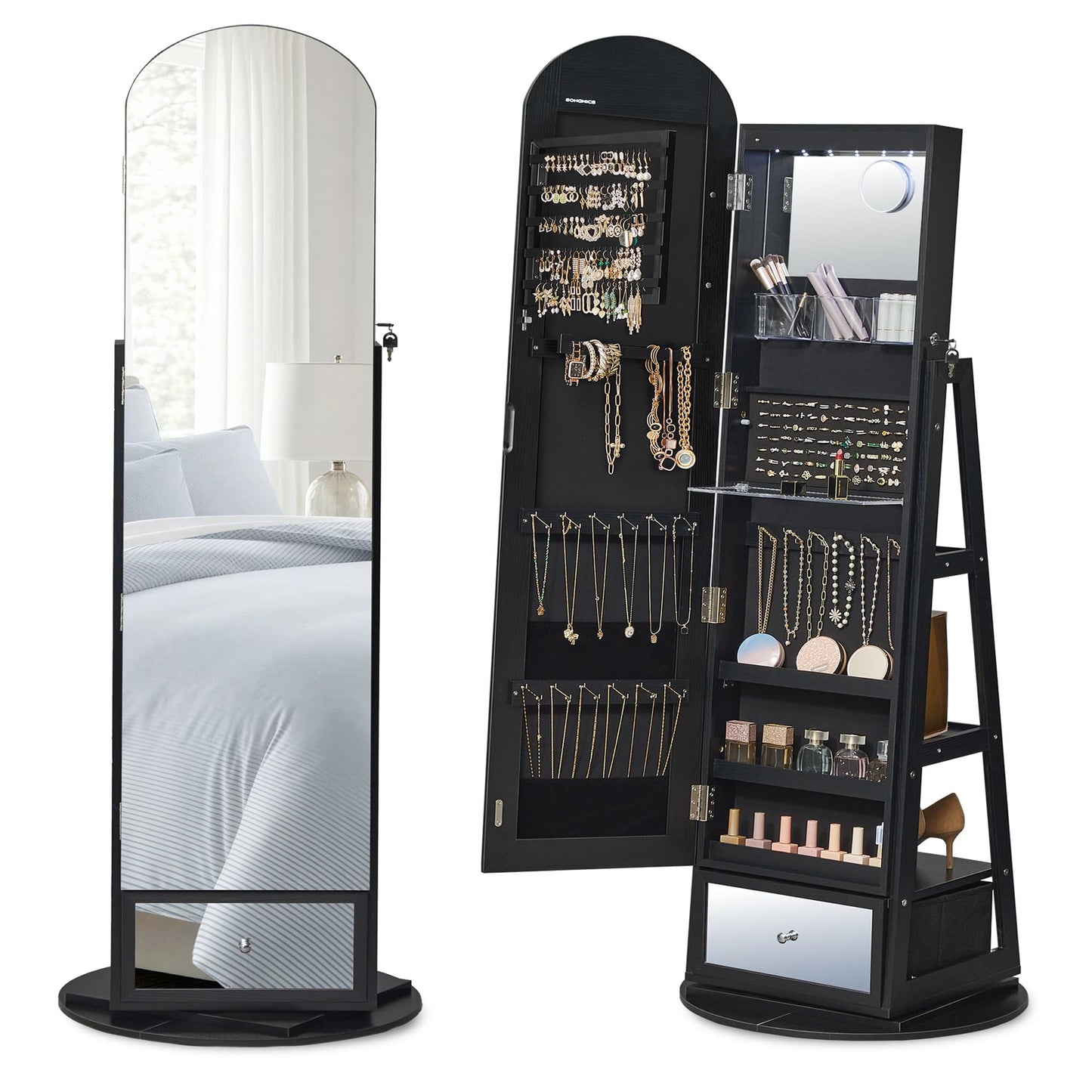 SONGMICS 360° Swivel Jewelry Cabinet, Full-Length Arched Mirror with LED Lights, Magnifying Mirror, Storage Shelves, Drawer, Ink Black UJJC030BC01