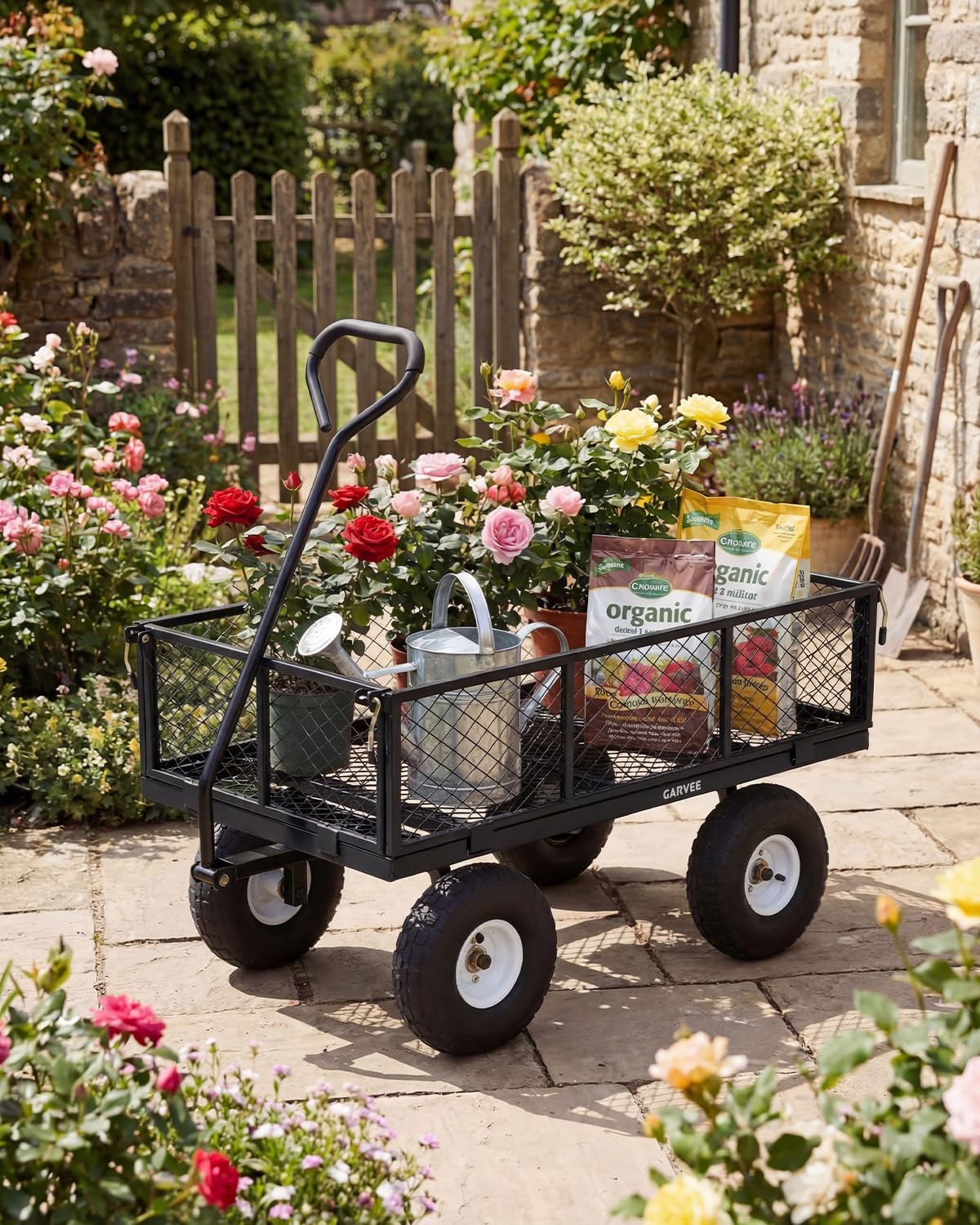 Garvee Versatile Outdoor Utility Cart - 800LBS Heavy-Duty, 10" All-Terrain Pneumatic Tires, Easy Maneuverable Lawn Cart with Removable Mesh Panels for Gardening & Landscaping, Black
