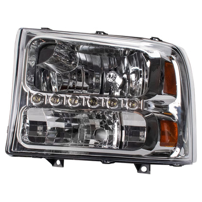 TRQ Performance Driver and Passenger Side Headlight Assembly Set Chrome Housing Clear Lens DRL Compatible with 99-04 Ford F-250 Super Duty 99-04 Ford F-350 Super Duty 00-04 Excursion