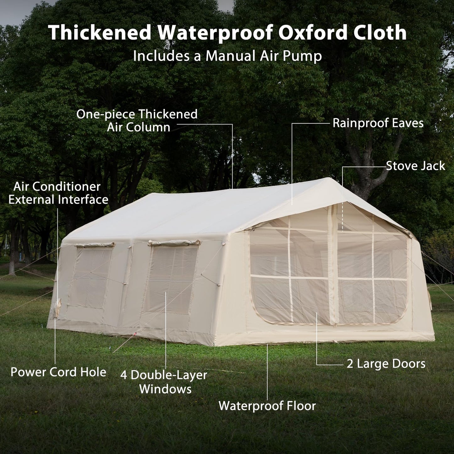 Inflatable Tent for Camping with Rainfly, 8-12 Person Easy Setup Air Tent with 2 Rooms & Hand Pump, 4 Season Glamping Tent with Stove Jack, Large Family House Tent for Outdoor Camping