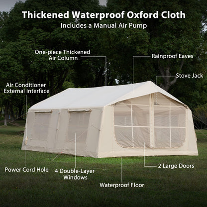 Inflatable Tent for Camping with Rainfly, 8-12 Person Easy Setup Air Tent with 2 Rooms & Hand Pump, 4 Season Glamping Tent with Stove Jack, Large Family House Tent for Outdoor Camping