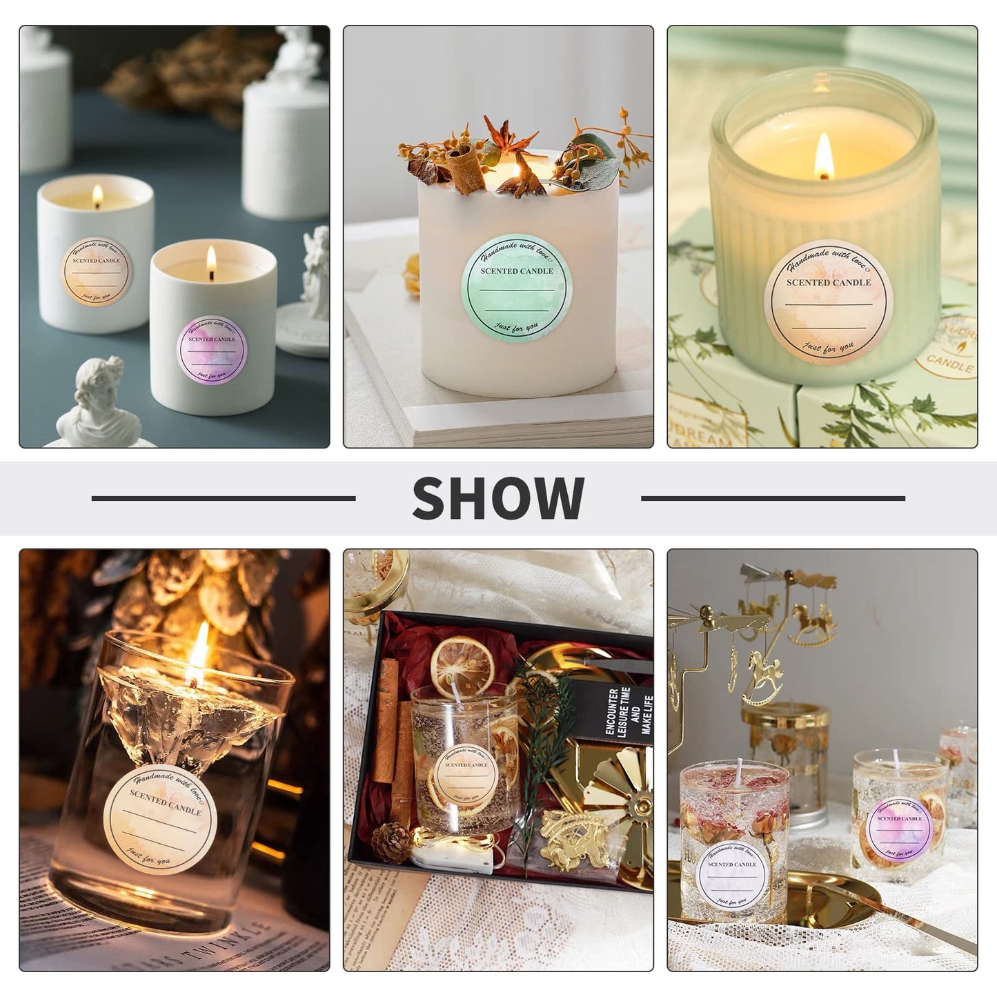 PH PandaHall 2 Inch Candle Stickers, 500pcs Waterproof Scented Candle Labels 4 Colors Handmade Candle Jar Stickers Self Adheisive Candle Labels for Candle Tins, Candle Boxes Packaging